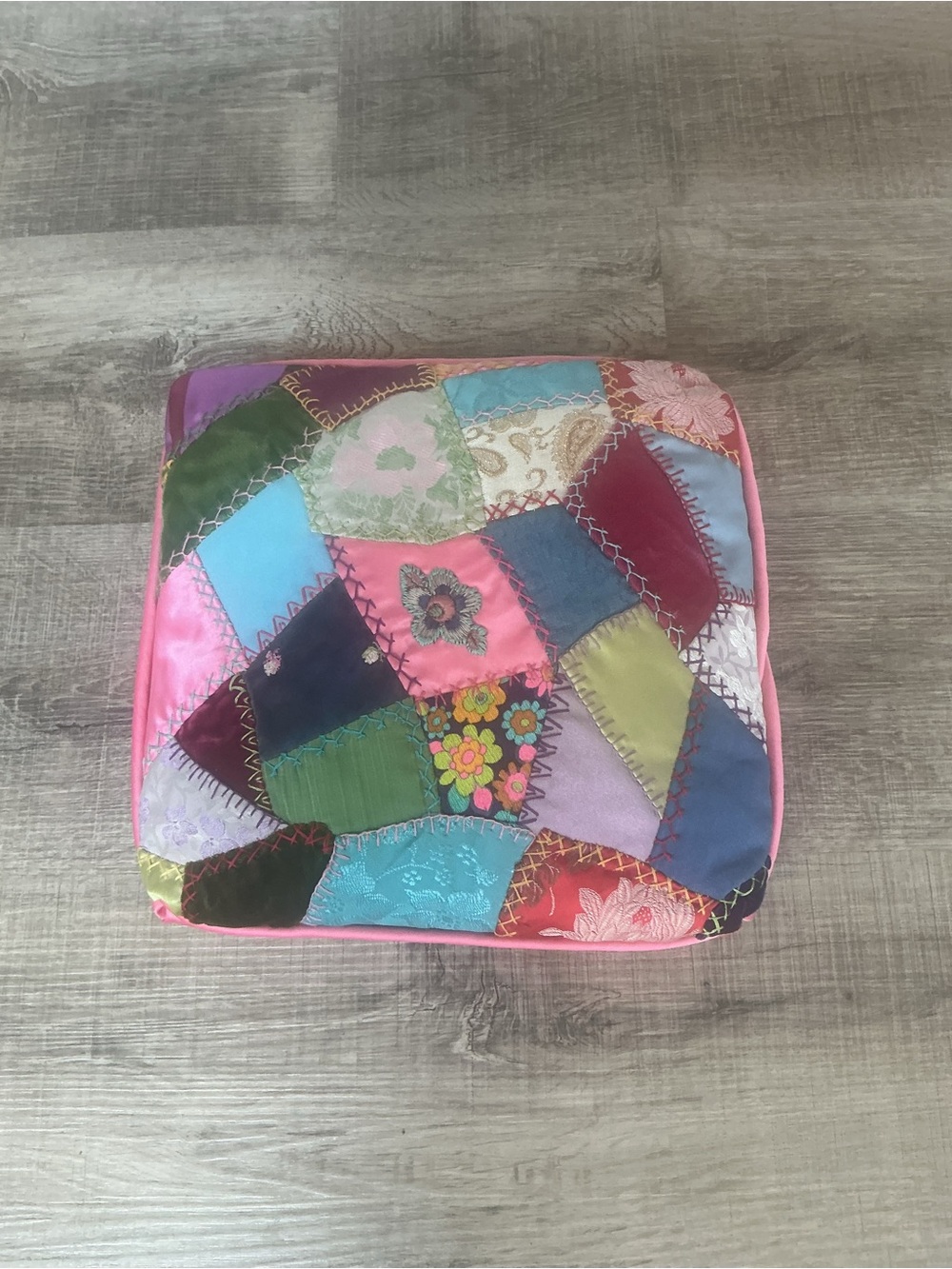 Vintage Satin Velvet Quilted Pillow Hand Made Pink Boho Shabby Chic Unique